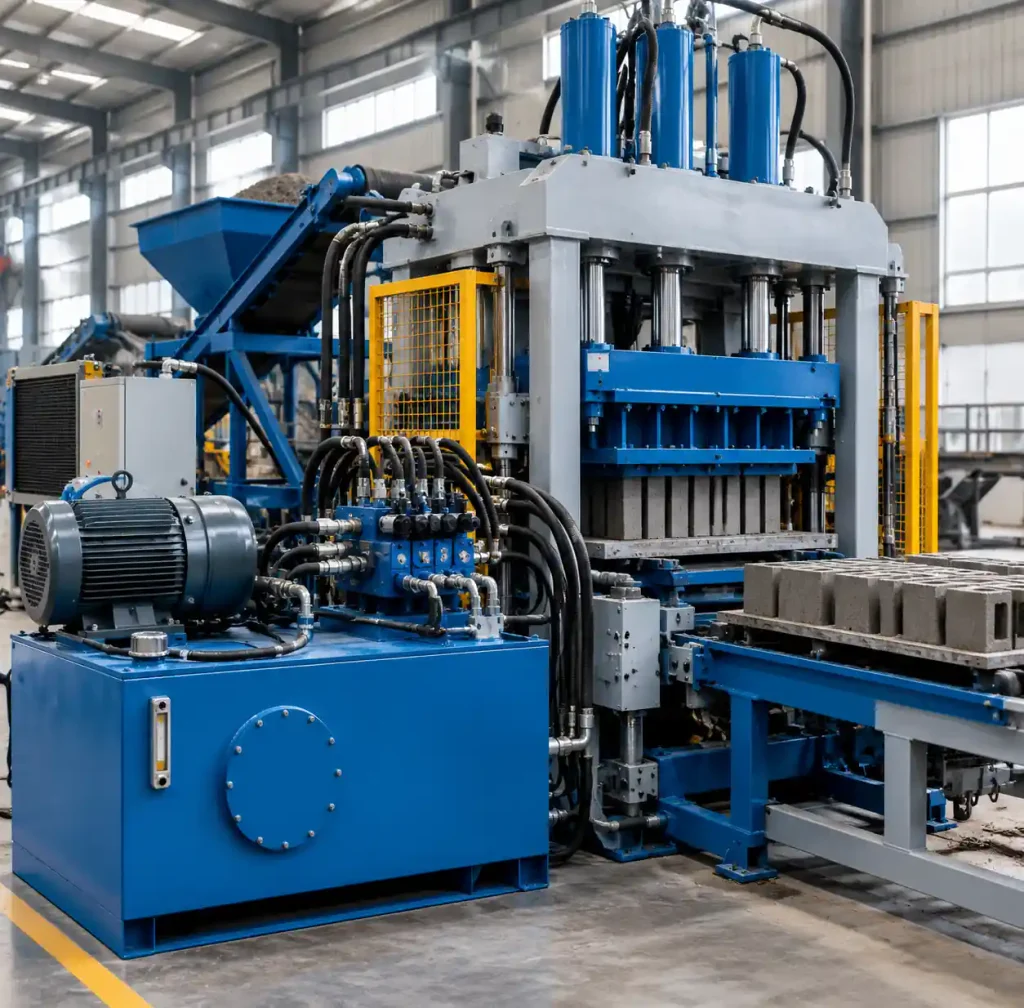 Hydraulic block making machine with visible hydraulic system components