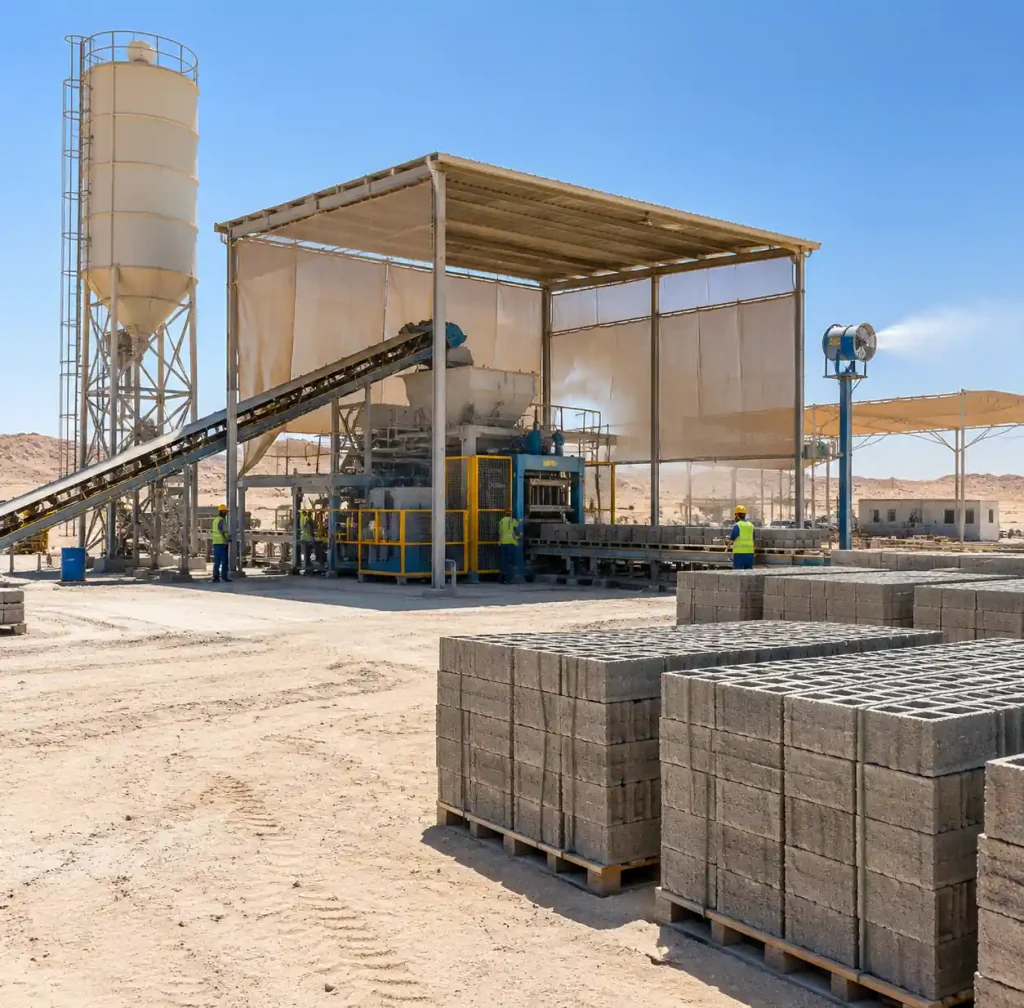Middle East construction site with concrete block production facility