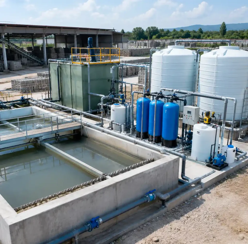 Water recycling system overview in block manufacturing plant showing collection tanks and treatment components