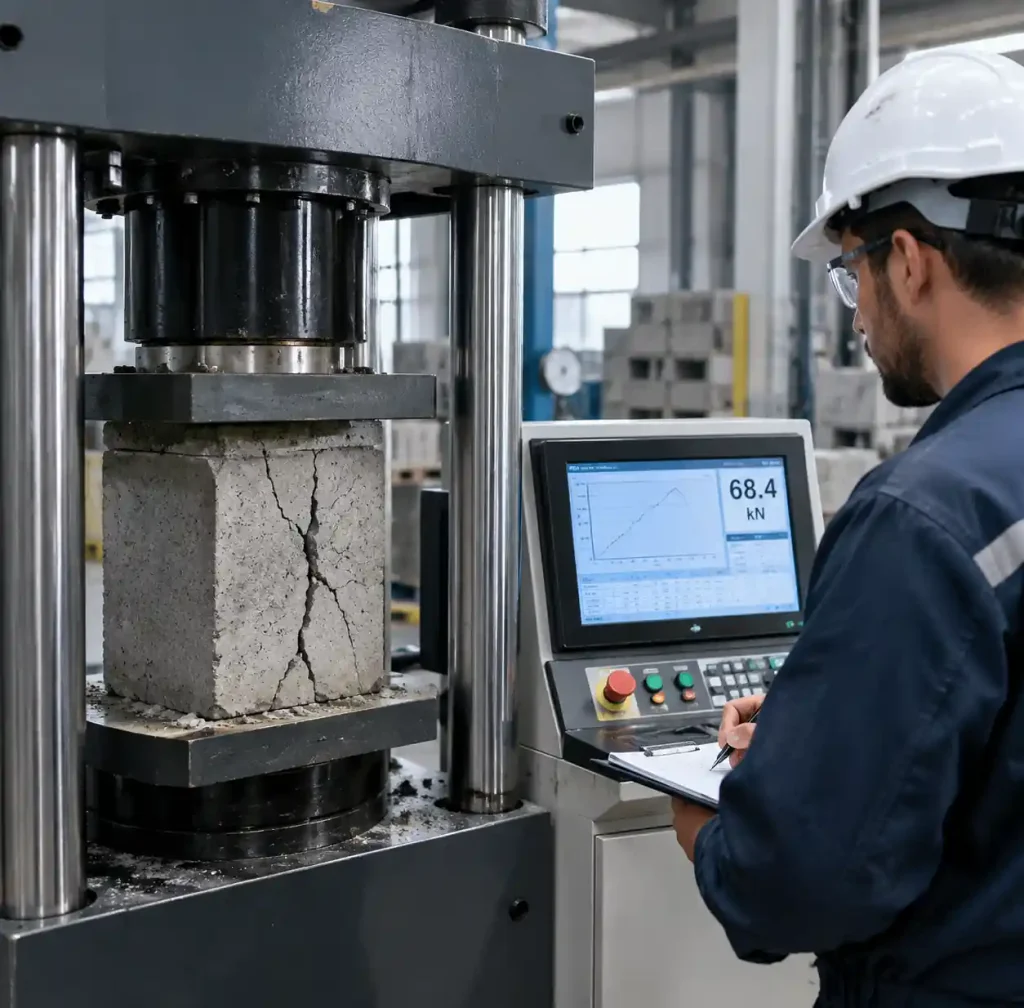 Block machine operator performing compression strength test on weak concrete block