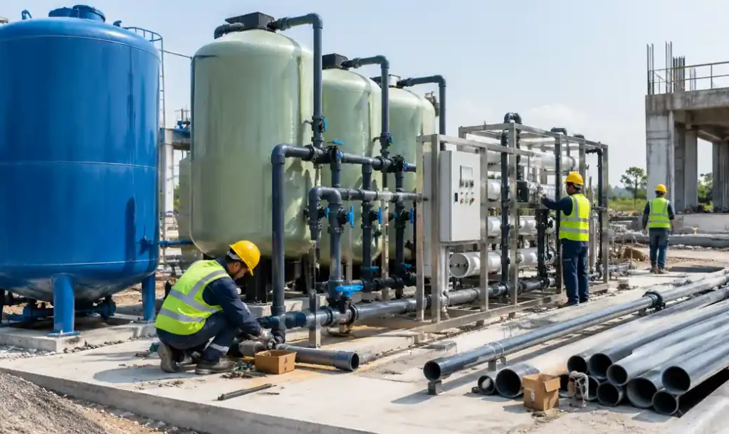Water recycling system installation and construction process in block manufacturing facility