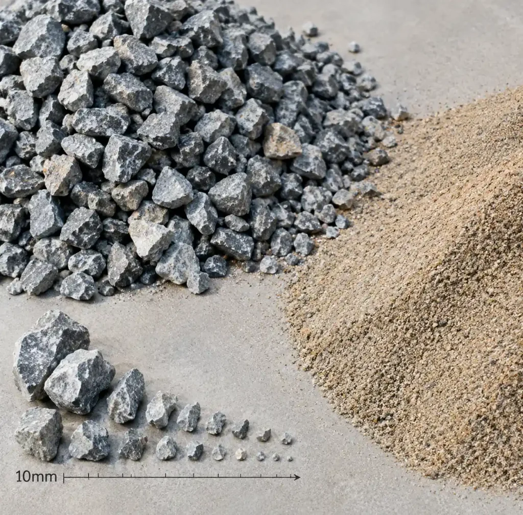 Crushed stone aggregate and fine sand materials for concrete block production