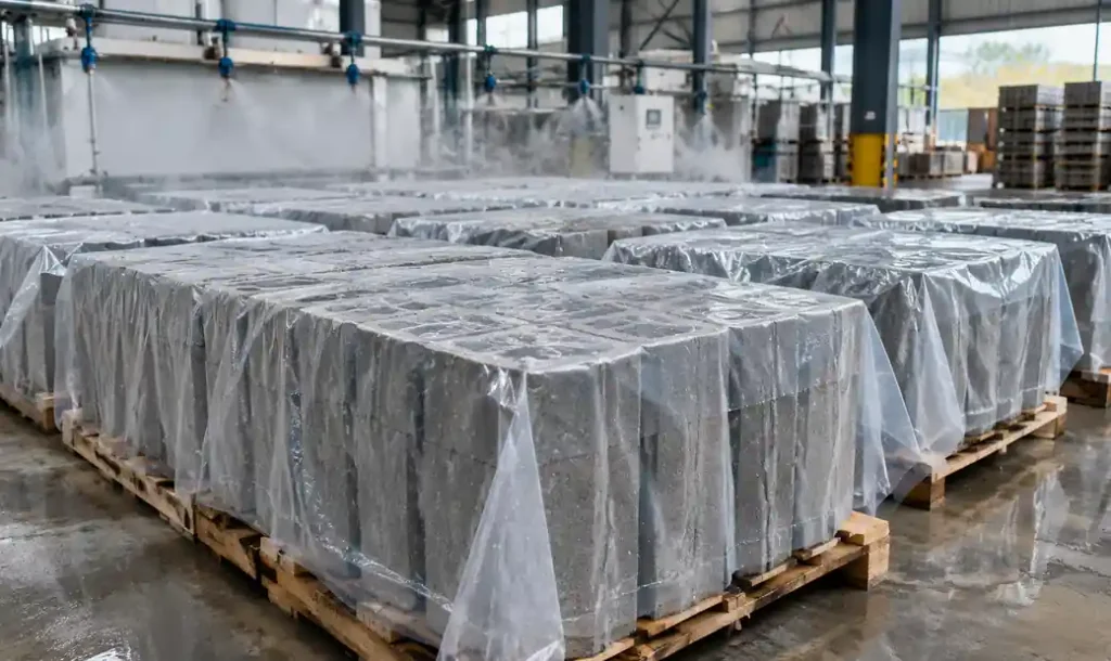 Freshly molded concrete blocks covered with plastic sheeting for proper curing