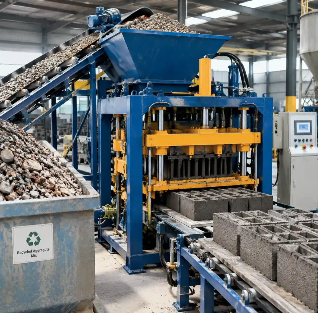 Semi-automatic block machine producing eco-friendly blocks with recycled materials