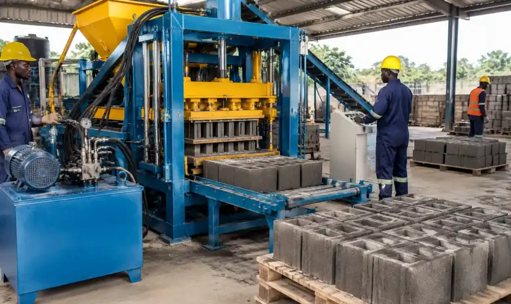 Semi-automatic block making machine in production facility