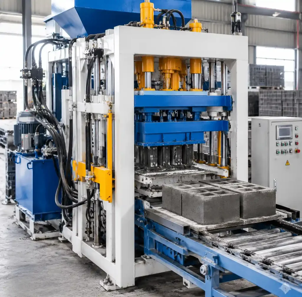 QT4-15 automatic block machine in operation showing 4-block molding configuration