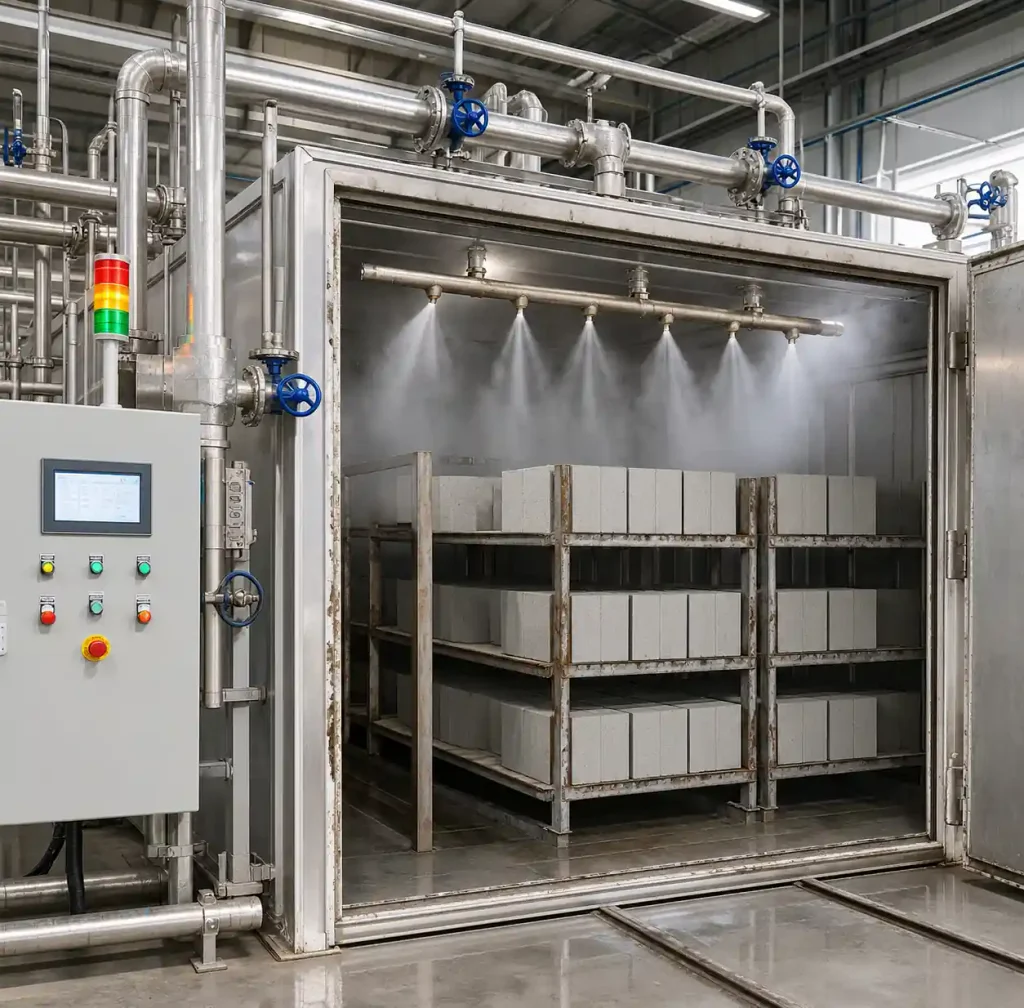 Industrial steam curing chamber with concrete blocks inside