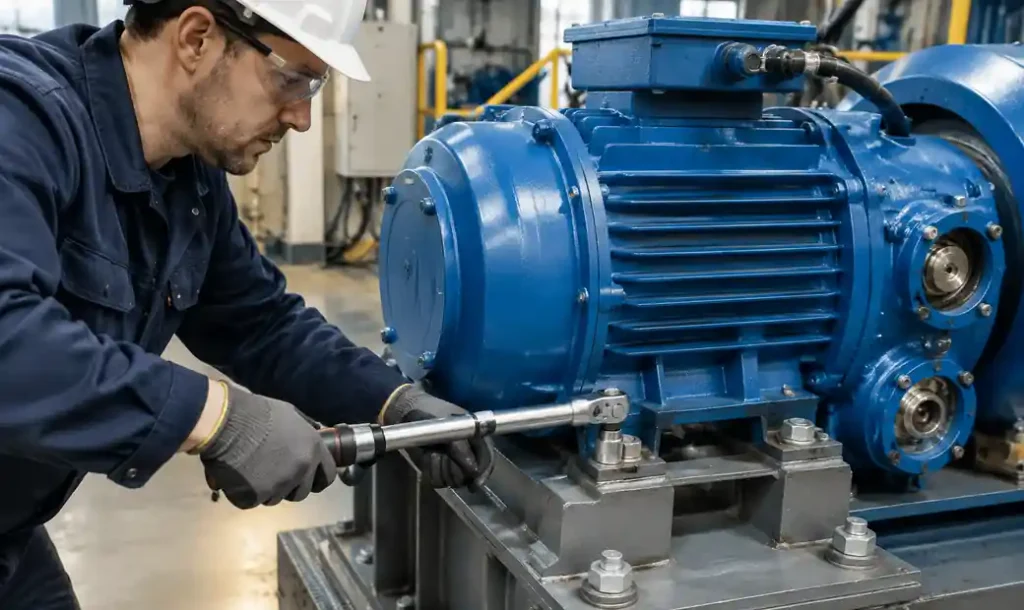 Technician inspecting vibration motor mounting bolts and bearings