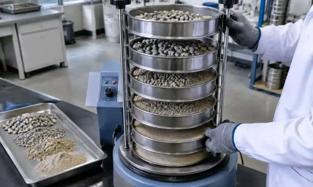 Aggregate sieve analysis for gradation testing in concrete block production