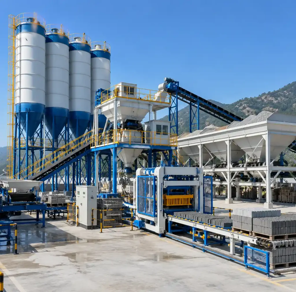 Automated concrete batching system with overhead aggregate silos and PLC control