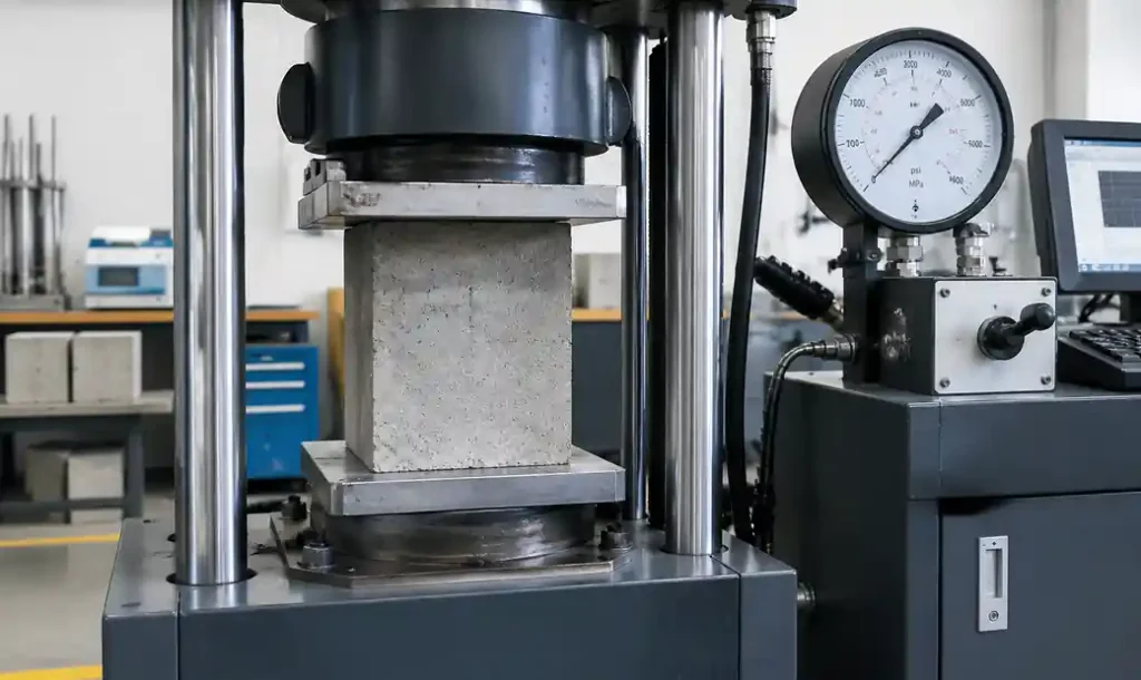 Concrete block undergoing compressive strength testing in laboratory press machine