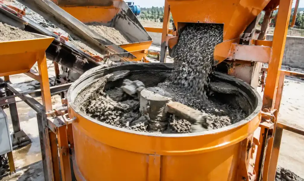 Industrial concrete mixer preparing high-strength block mix with batching system