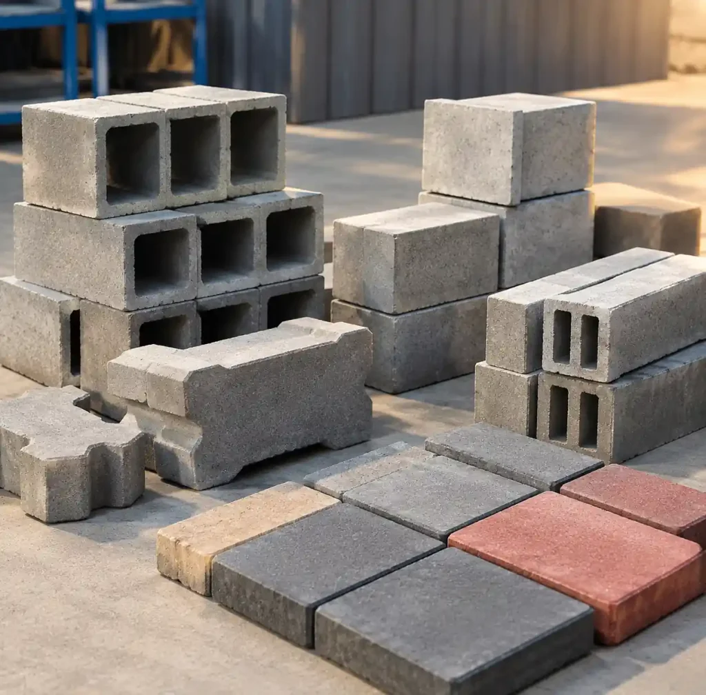 Various concrete block types produced by hydraulic compression