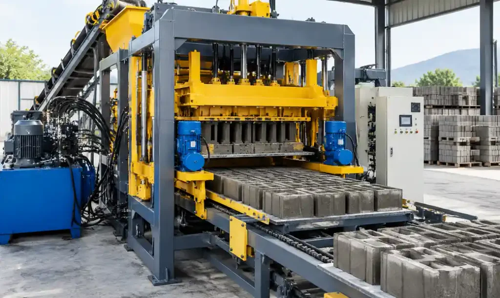 QT6-15 block machine showing larger molding area and dual vibration motor system