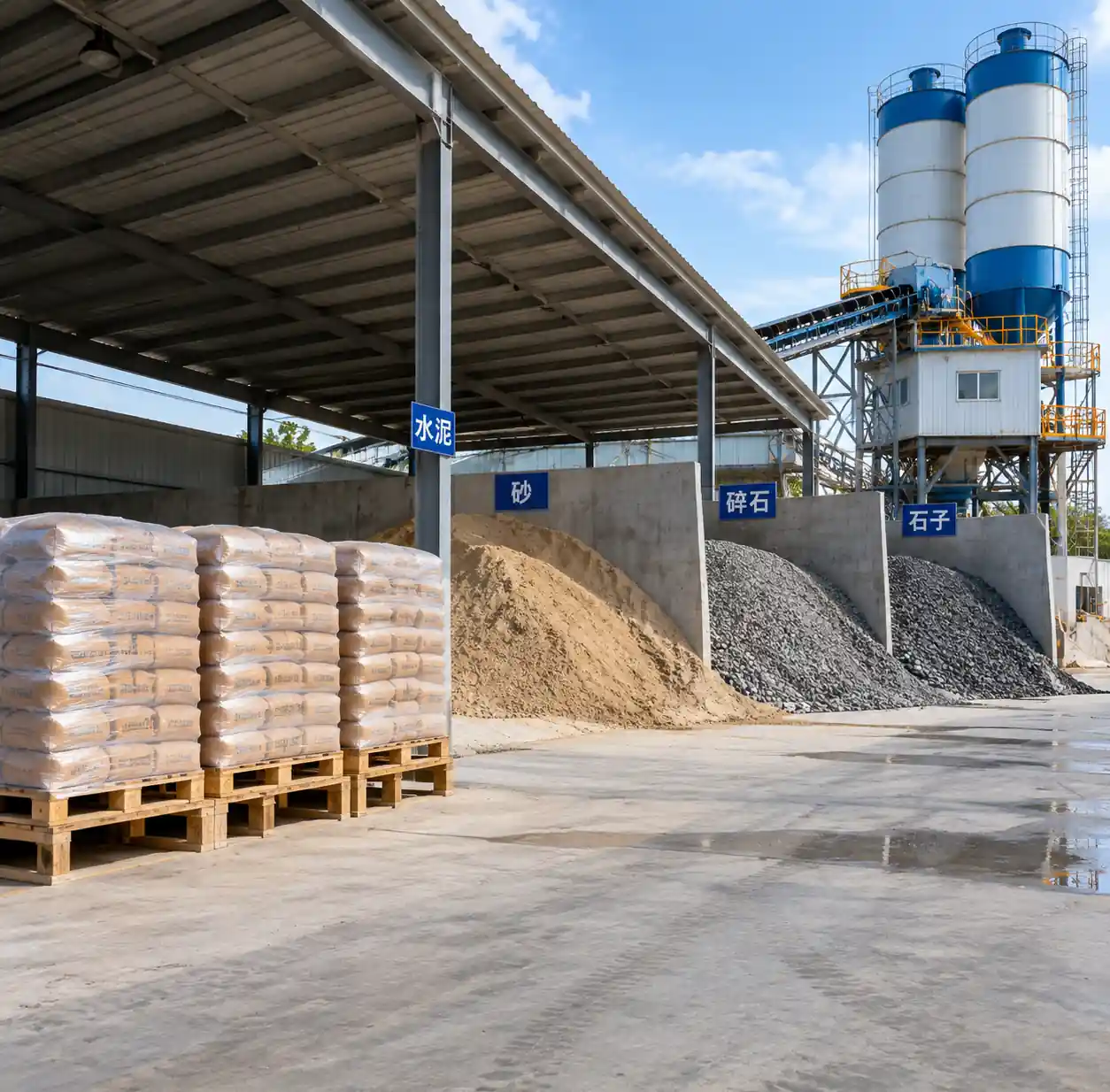 Block factory raw material storage zone with cement warehouse and aggregate bays