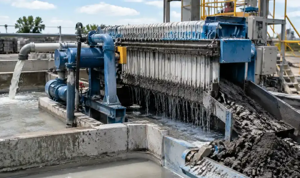 Filter press or screw separator equipment for concrete solids removal in water recycling