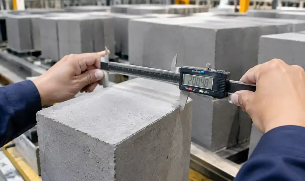 Quality inspector measuring concrete block dimensions with digital caliper