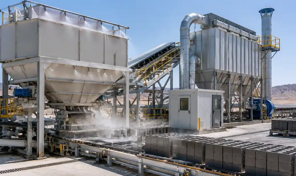 Dust control and filtration system in block production facility