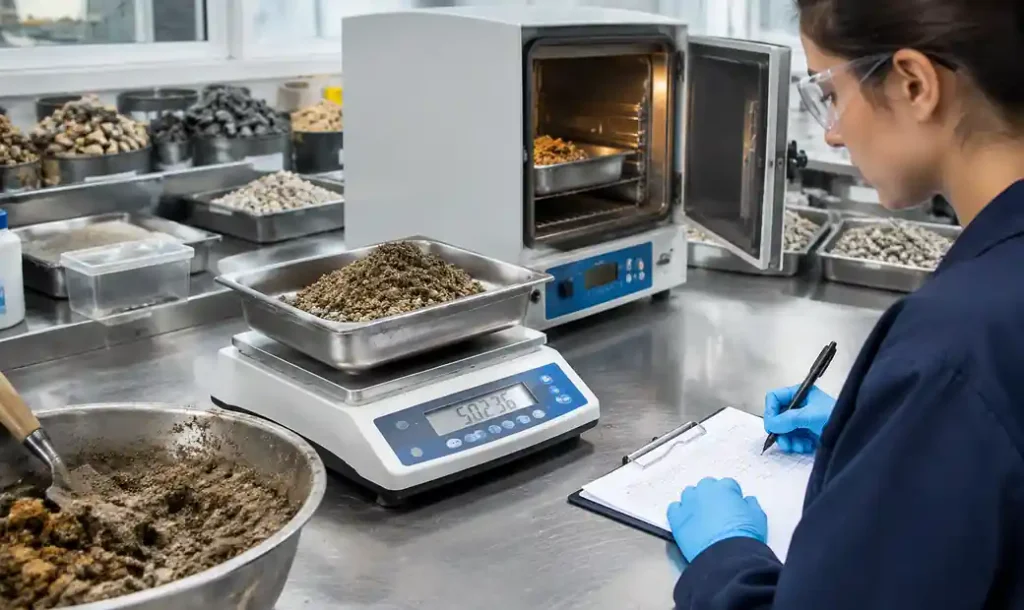 Moisture content measurement of aggregate samples for batch adjustment