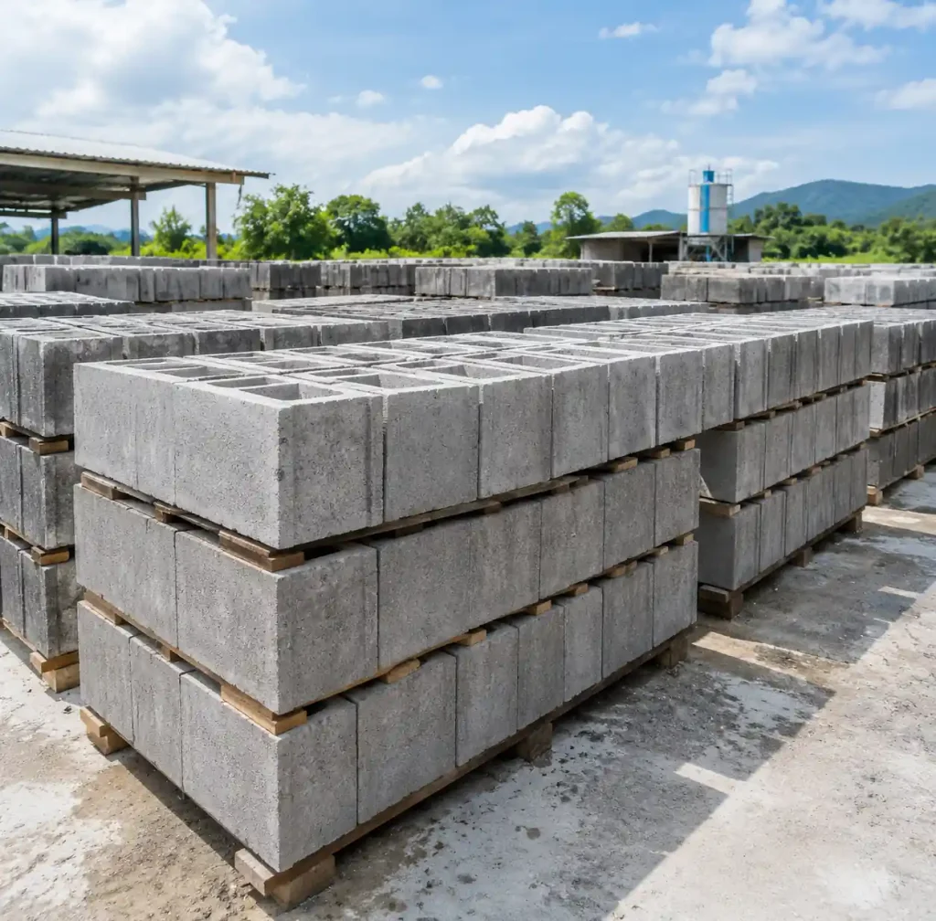Concrete blocks arranged for natural curing in ambient conditions