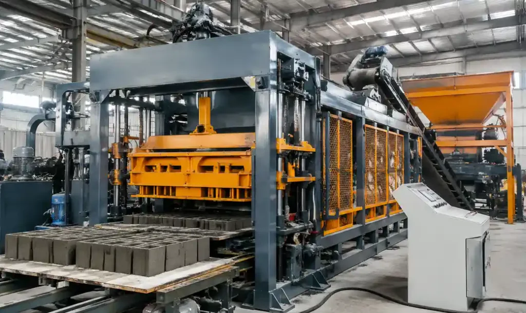 QT8-15 industrial block machine showing 8-block capacity and robust hydraulic system