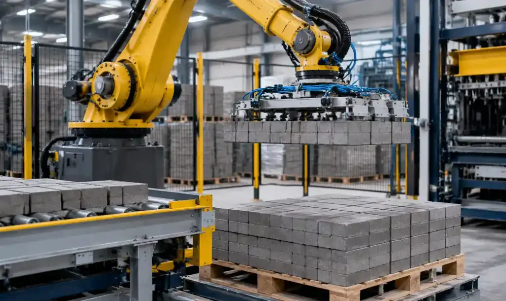 Automatic robotic palletizer system stacking finished concrete blocks onto pallets