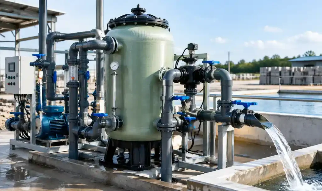 Sand filtration system for final water treatment in block plant recycling operation