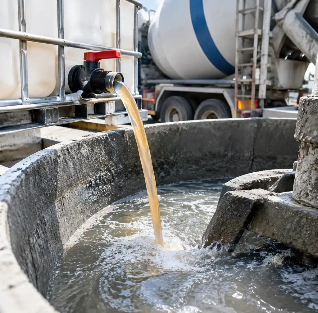 Water-reducing admixture being added to concrete mix for block production