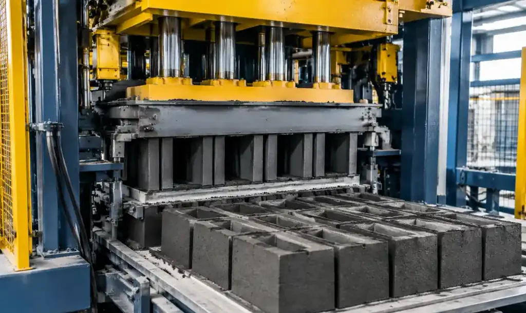 Automatic block machine compacting high-strength concrete mix under hydraulic pressure