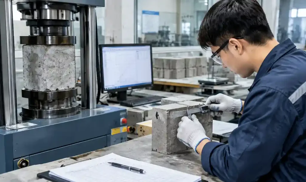 Quality control testing of concrete blocks in production facility