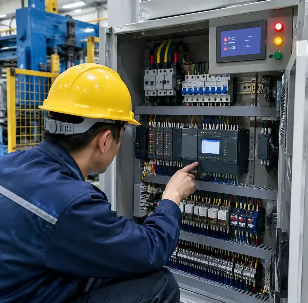Block machine electrical control panel showing error codes and fault indicators