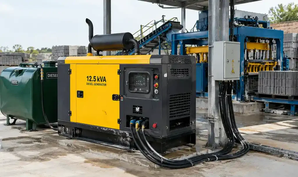 Diesel generator powering block manufacturing equipment