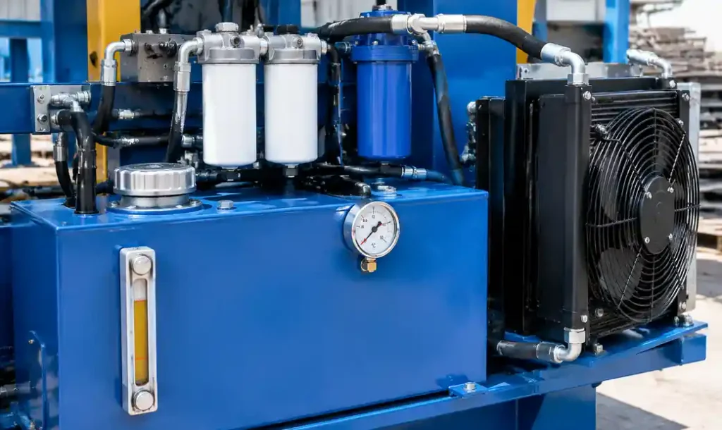 Hydraulic oil reservoir and filtration system on block machine