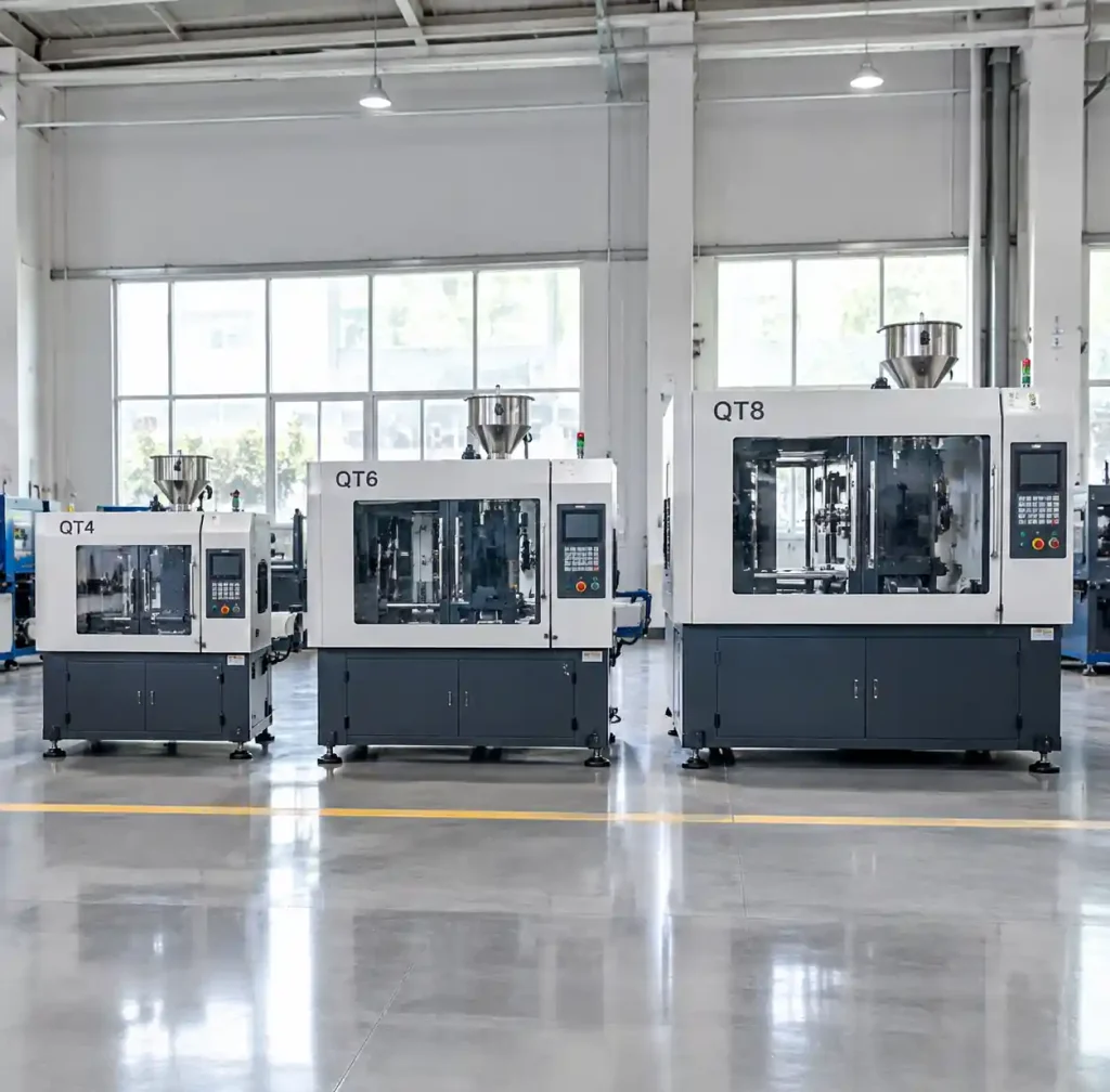 Side-by-side comparison of QT4, QT6, and QT8 block machines showing size differences
