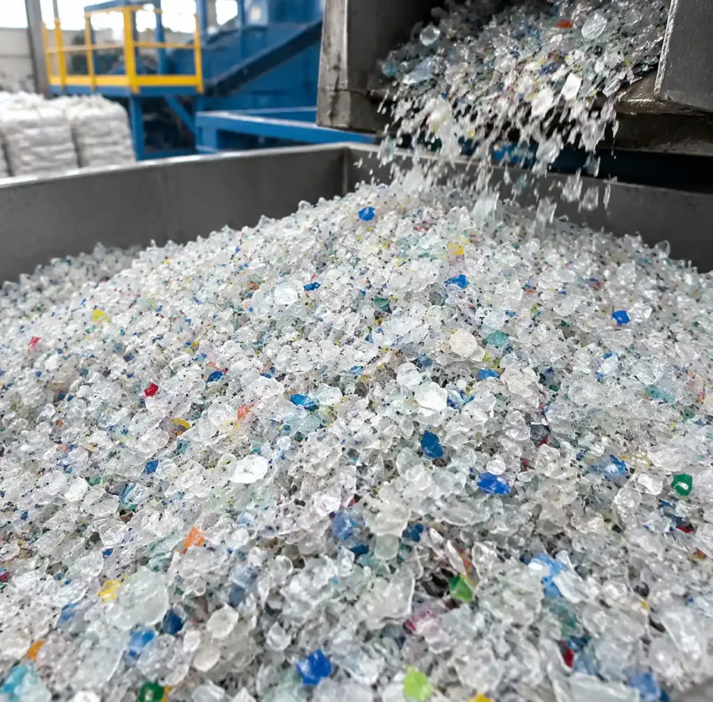 Shredded recycled plastic waste prepared for block production aggregate