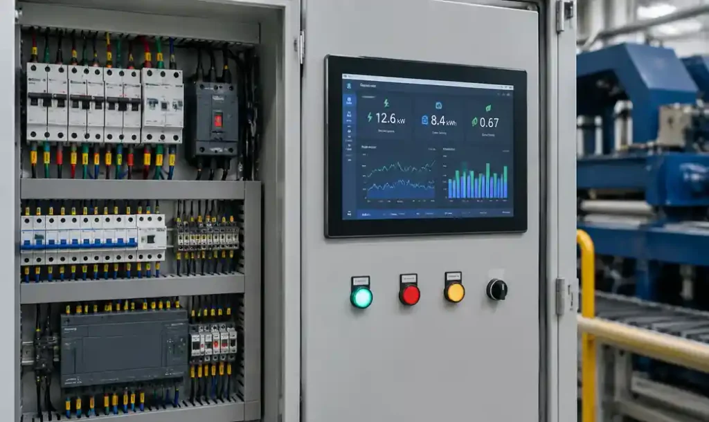 Block machine control panel showing power consumption monitoring