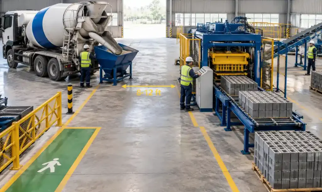 Automatic block making machine positioned near concrete mixer showing operator workspace clearance