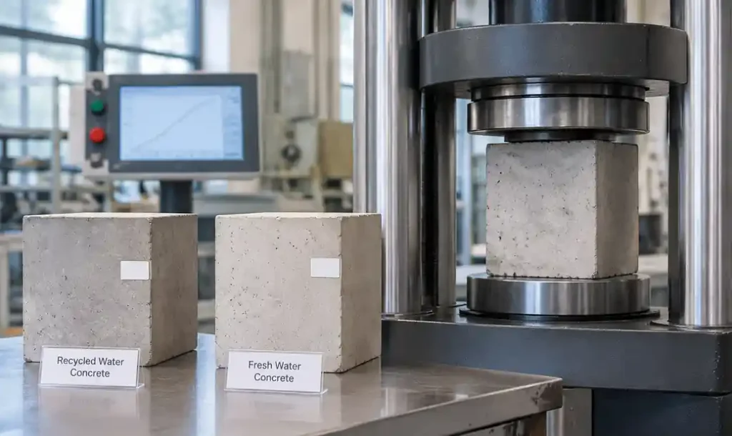 Concrete blocks manufactured with recycled water showing quality and strength testing