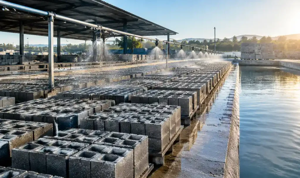 High-strength concrete blocks under water curing with sprinkler system
