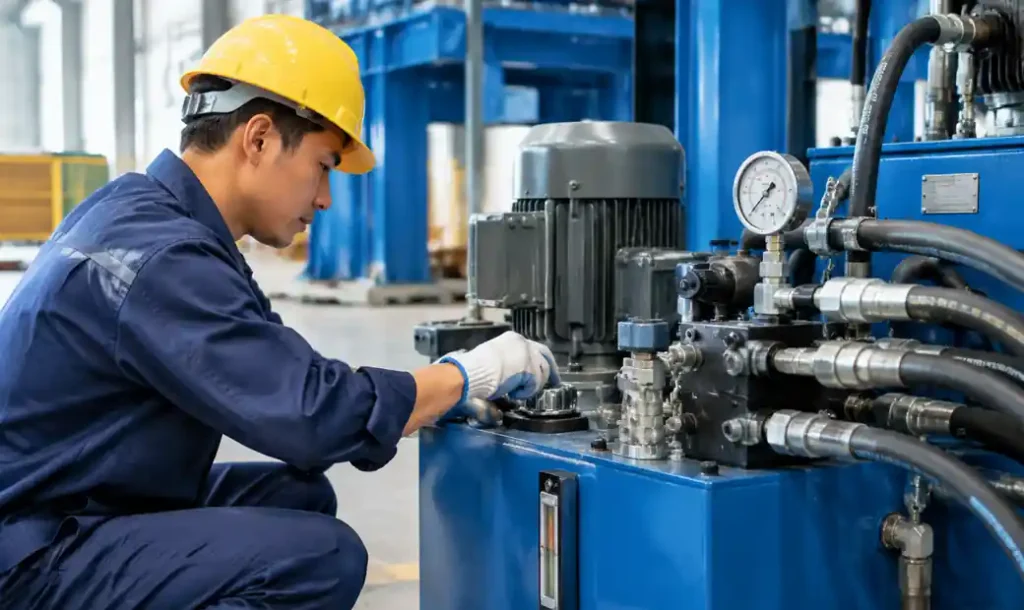 Technician performing daily hydraulic system inspection