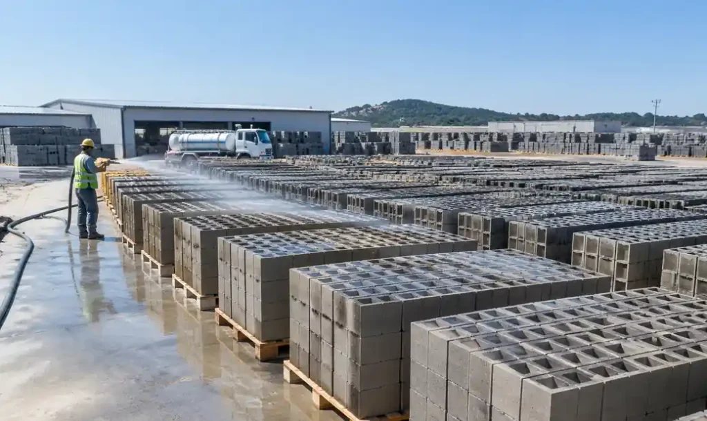 Stacked concrete blocks in curing area