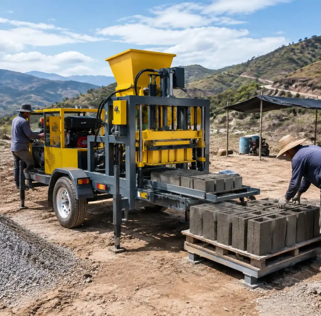 Mobile block machine operating in remote rural construction project