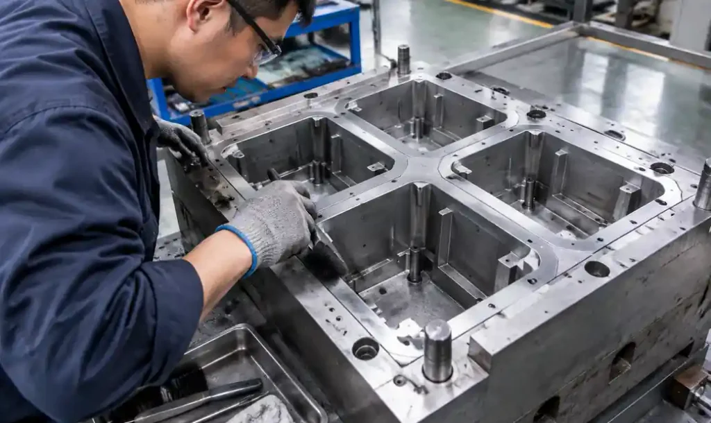 Block machine mold maintenance showing cleaning and inspection procedures