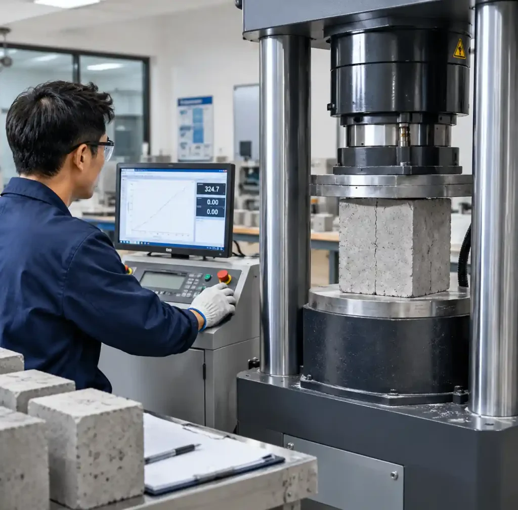 Quality control technician testing concrete block crushing strength with hydraulic press