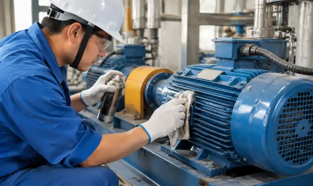 Technician inspecting vibration motor mounting bolts and bearings