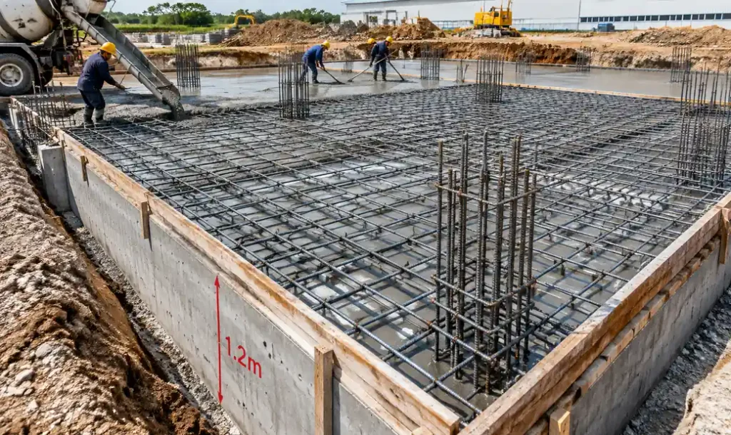 Concrete foundation preparation for block machine installation showing rebar reinforcement