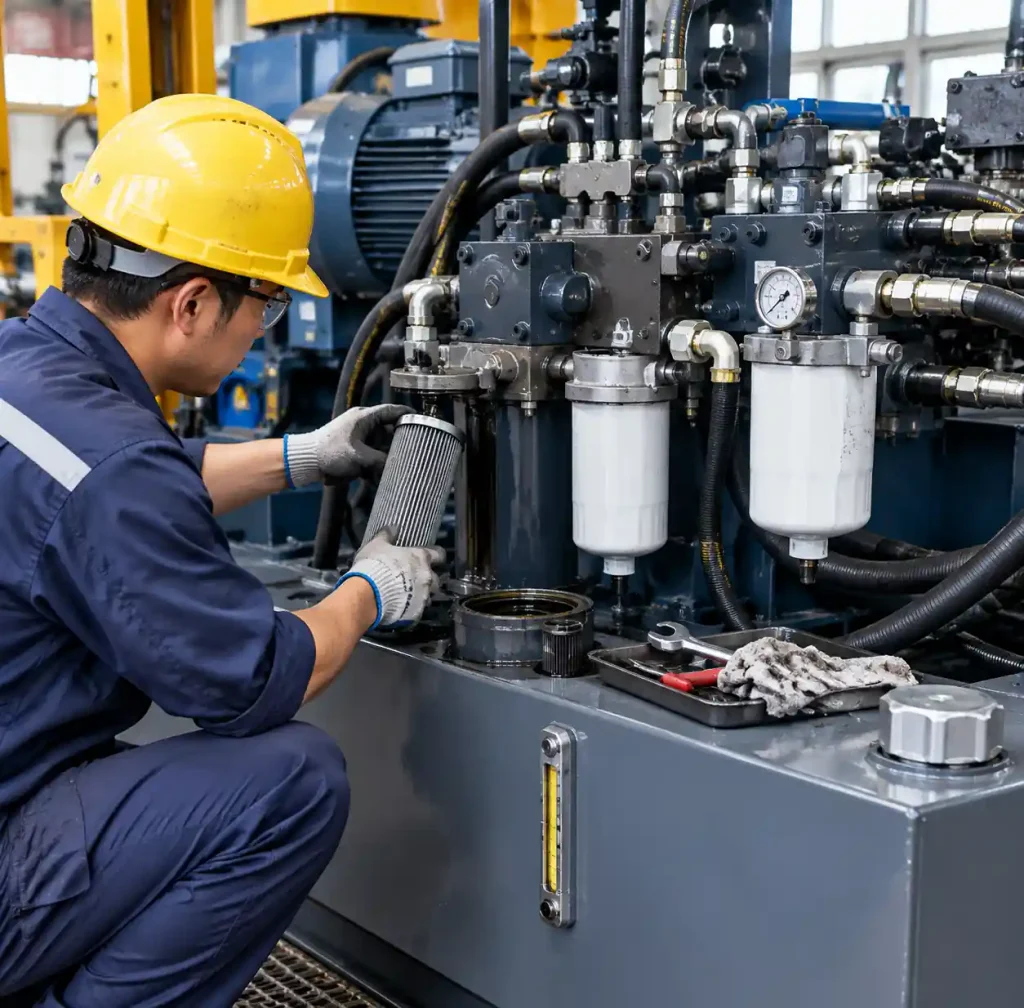 Hydraulic system maintenance showing oil reservoir and filters