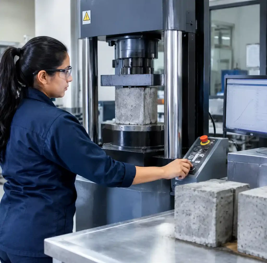 Compressive strength testing of cured concrete blocks