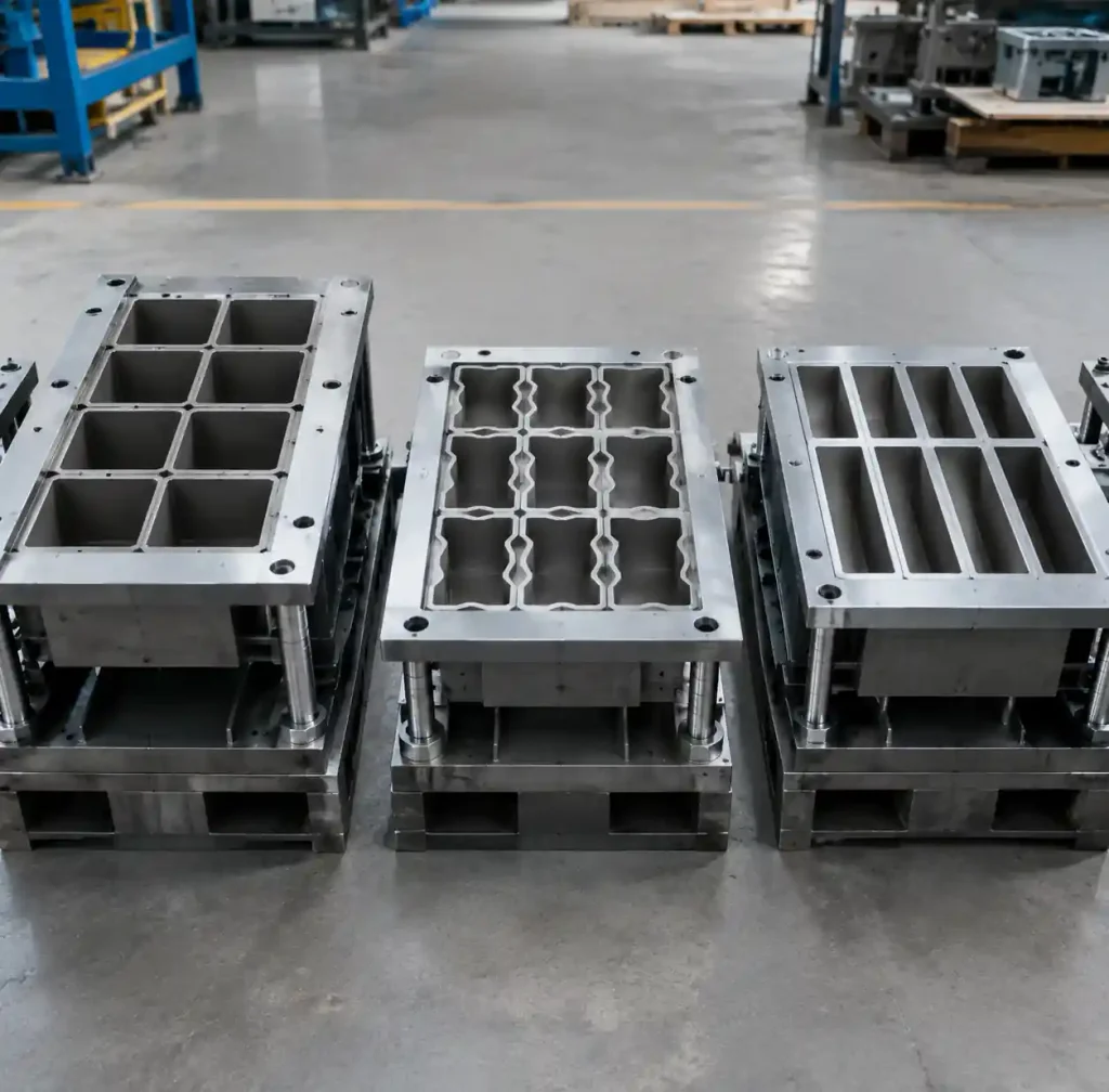 Multiple block machine molds showing different cavity configurations for product range