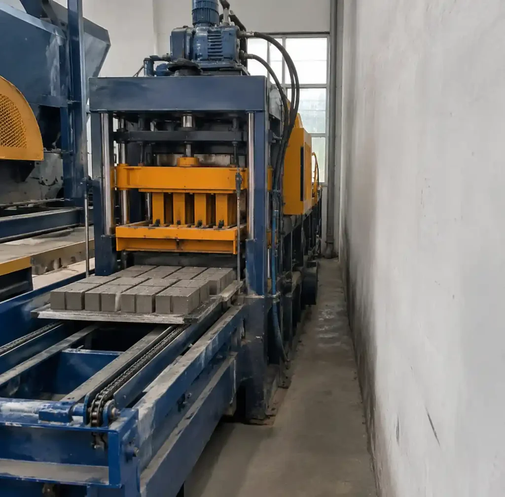 Block production equipment positioned too close to walls showing inadequate maintenance access